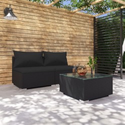 vidaXL Set de muebles de jardín 3 pzas y cojines ratán sintético negro