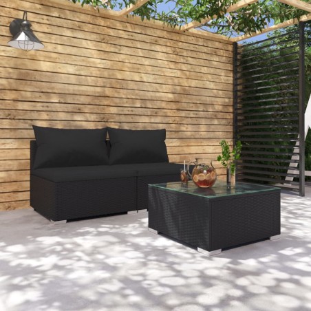 vidaXL Set de muebles de jardín 3 pzas y cojines ratán sintético negro