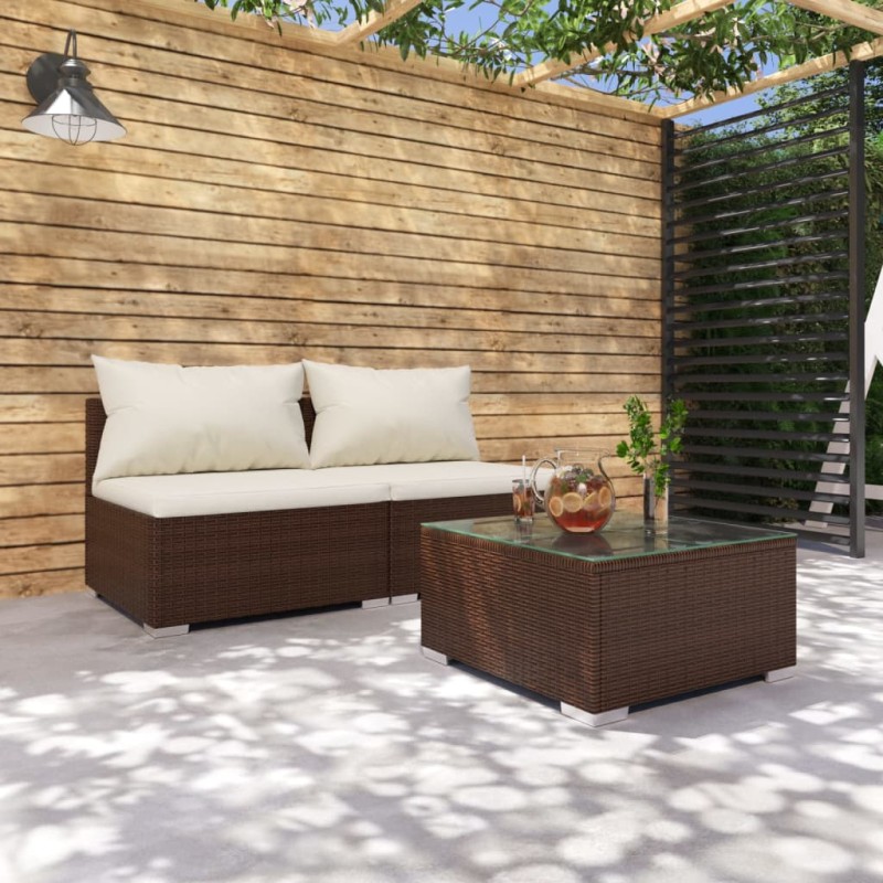 vidaXL Set muebles de jardín 3 piezas y cojines ratán sintético marrón vidaXL Set muebles de jardín 3 piezas y cojines ratán sintético marrón