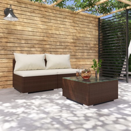 vidaXL Set muebles de jardín 3 piezas y cojines ratán sintético marrón