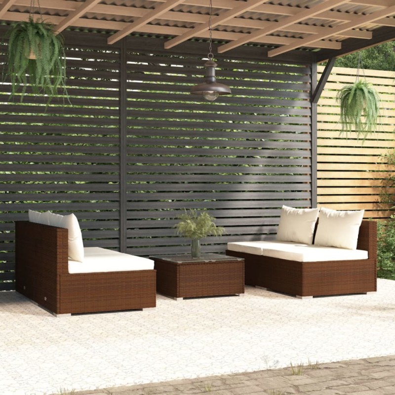 vidaXL Set sofás de jardín 5 piezas y cojines ratán sintético marrón vidaXL Set sofás de jardín 5 piezas y cojines ratán sintético marrón