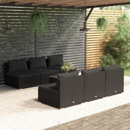 vidaXL Set de muebles de jardín y cojines 7 pzas ratán sintético negro
