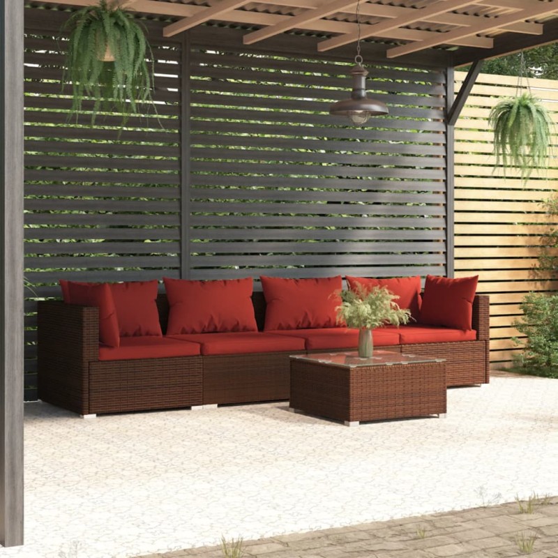vidaXL Set sofás de jardín 5 piezas y cojines ratán sintético marrón vidaXL Set sofás de jardín 5 piezas y cojines ratán sintético marrón