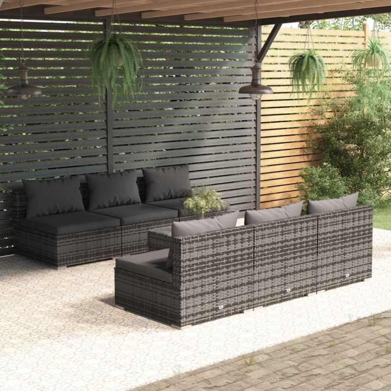vidaXL Set de sofás de jardín 7 piezas y cojines ratán sintético gris vidaXL Set de sofás de jardín 7 piezas y cojines ratán sintético gris