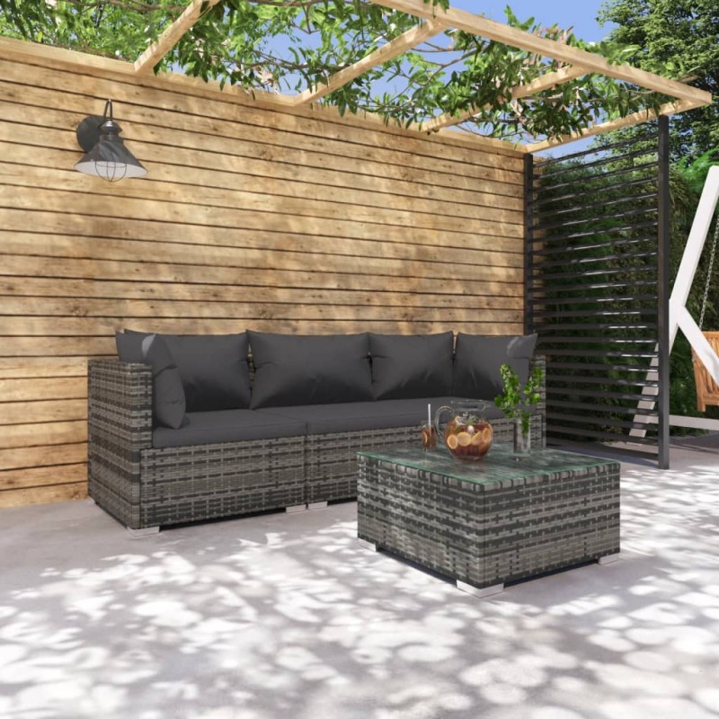 vidaXL Set de sofás de jardín 4 piezas y cojines ratán sintético gris vidaXL Set de sofás de jardín 4 piezas y cojines ratán sintético gris