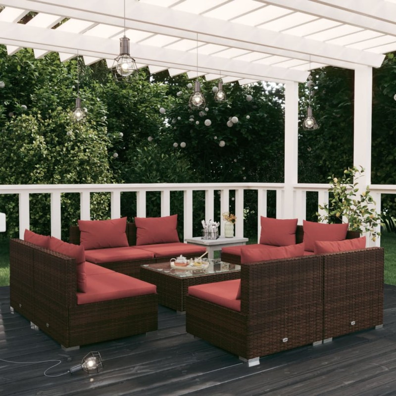 vidaXL Set muebles de jardín 9 piezas y cojines ratán sintético marrón vidaXL Set muebles de jardín 9 piezas y cojines ratán sintético marrón