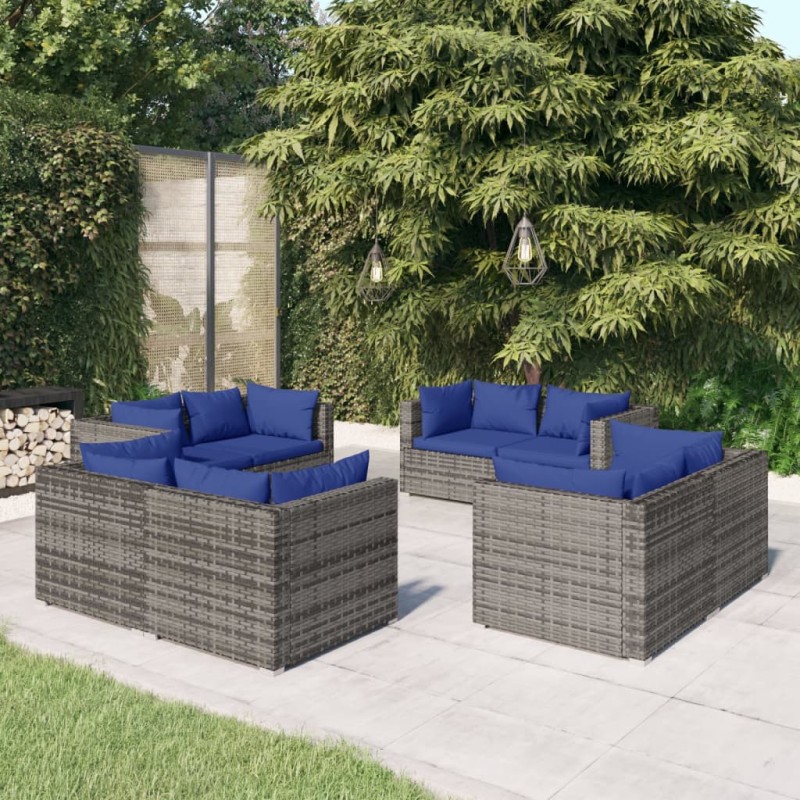vidaXL Set de sofás de jardín 8 piezas y cojines ratán sintético gris vidaXL Set de sofás de jardín 8 piezas y cojines ratán sintético gris