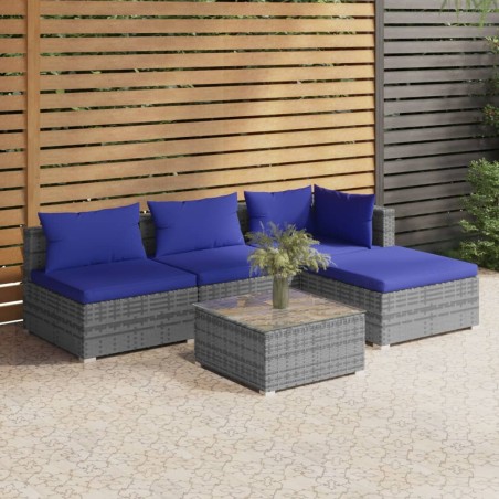 vidaXL Set de sofás de jardín 5 piezas y cojines ratán sintético gris