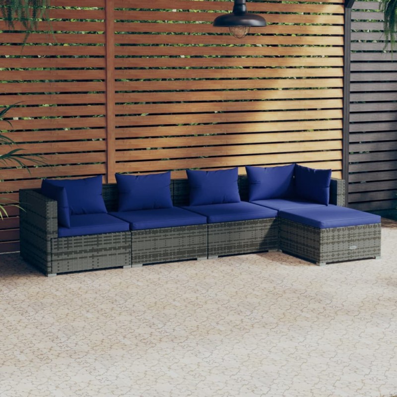 vidaXL Set de sofás de jardín 5 piezas y cojines ratán sintético gris vidaXL Set de sofás de jardín 5 piezas y cojines ratán sintético gris