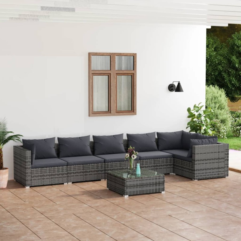 vidaXL Set de muebles de jardín 7 pzas y cojines ratán sintético gris vidaXL Set de muebles de jardín 7 pzas y cojines ratán sintético gris
