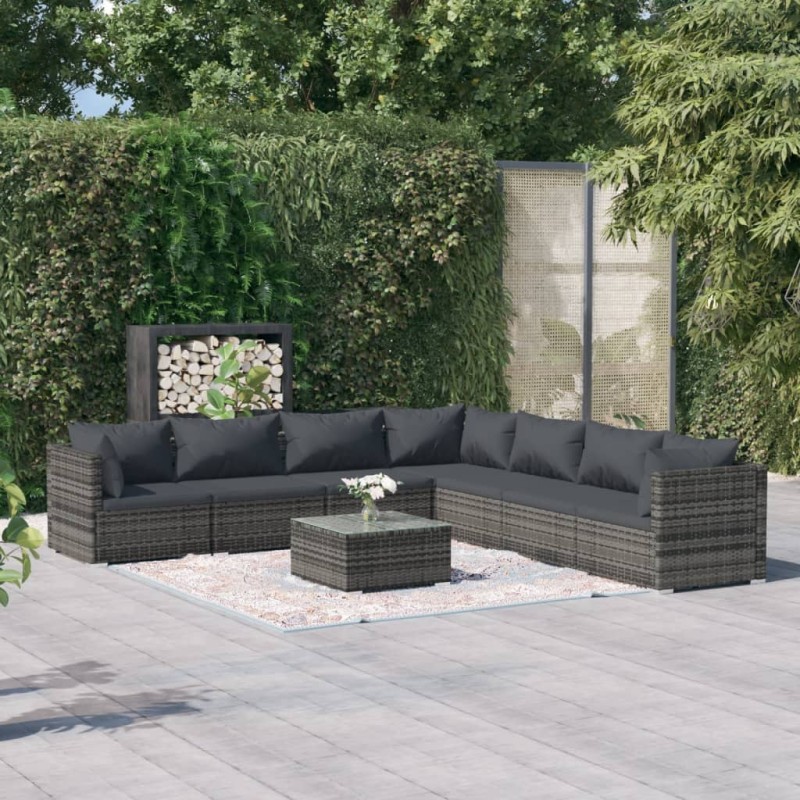 vidaXL Set de muebles de jardín 8 pzas y cojines ratán sintético gris vidaXL Set de muebles de jardín 8 pzas y cojines ratán sintético gris