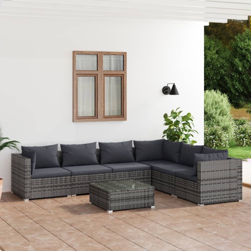 vidaXL Set de muebles de jardín 7 pzas y cojines ratán sintético gris vidaXL Set de muebles de jardín 7 pzas y cojines ratán sintético gris