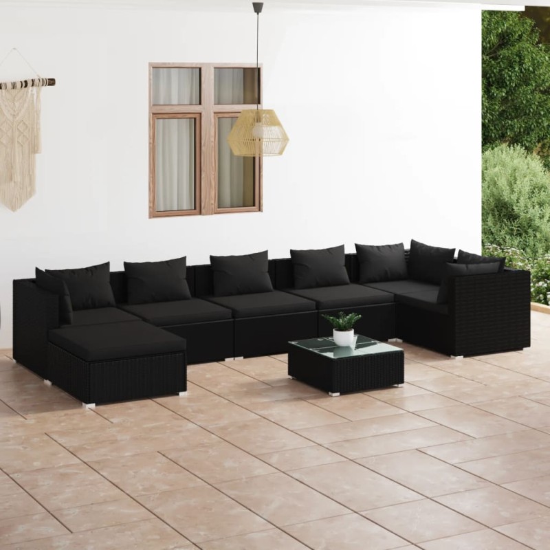 vidaXL Set de muebles de jardín 8 pzas y cojines ratán sintético negro vidaXL Set de muebles de jardín 8 pzas y cojines ratán sintético negro