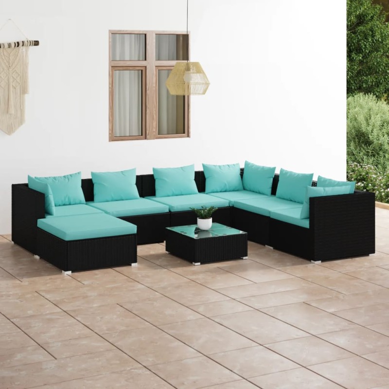 vidaXL Set de muebles de jardín 8 pzas y cojines ratán sintético negro vidaXL Set de muebles de jardín 8 pzas y cojines ratán sintético negro