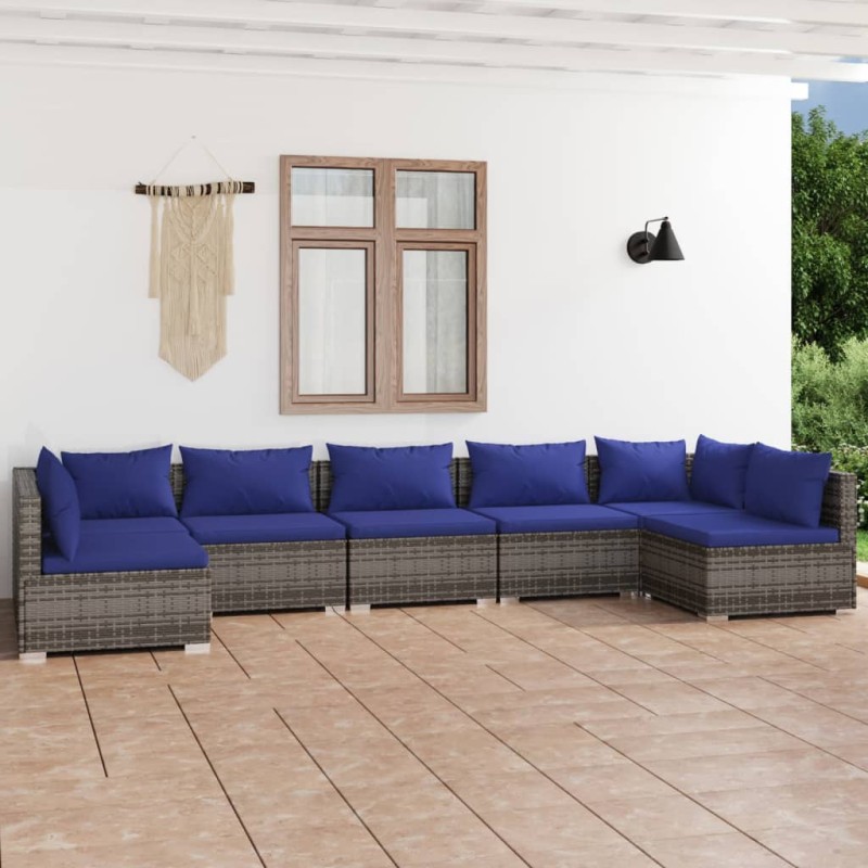 vidaXL Set de muebles de jardín 7 pzas y cojines ratán sintético gris