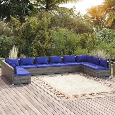 vidaXL Set de muebles de jardín 10 pzas y cojines ratán sintético gris