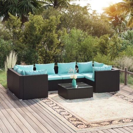 vidaXL Set de muebles de jardín y cojines 7 pzas ratán sintético negro
