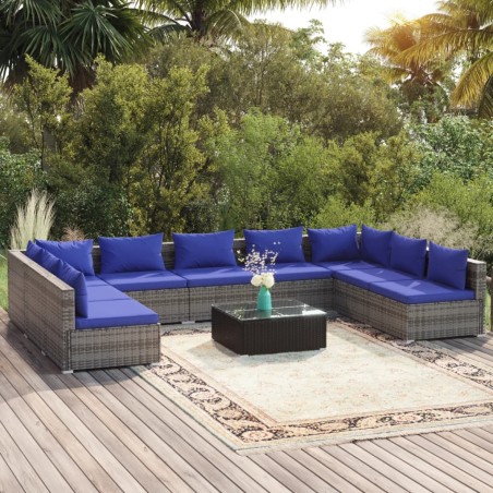 vidaXL Set de muebles de jardín 10 pzas y cojines ratán sintético gris