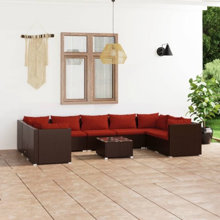 vidaXL Set muebles de jardín 10 pzas y cojines ratán sintético marrón