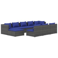 vidaXL Set de muebles de jardín 10 pzas y cojines ratán sintético gris