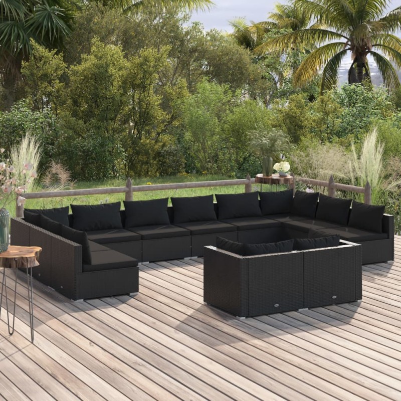 vidaXL Set de muebles de jardín 12 pzas cojines ratán sintético negro vidaXL Set de muebles de jardín 12 pzas cojines ratán sintético negro