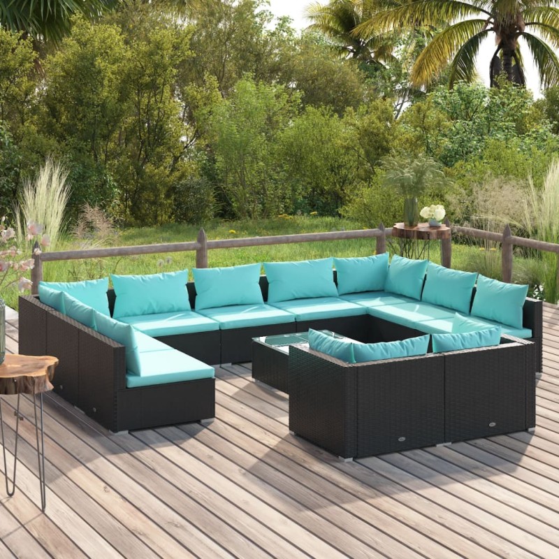 vidaXL Set de muebles de jardín 12 pzas cojines ratán sintético negro vidaXL Set de muebles de jardín 12 pzas cojines ratán sintético negro