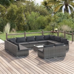 vidaXL Set de muebles de jardín 12 pzas cojines ratán sintético gris