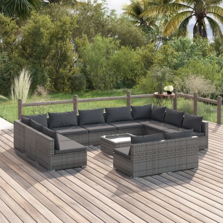 vidaXL Set de muebles de jardín 12 pzas cojines ratán sintético gris