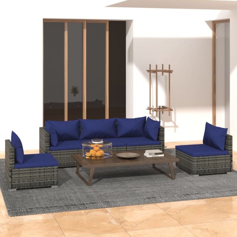 vidaXL Set de muebles de jardín 5 pzas y cojines ratán sintético gris vidaXL Set de muebles de jardín 5 pzas y cojines ratán sintético gris