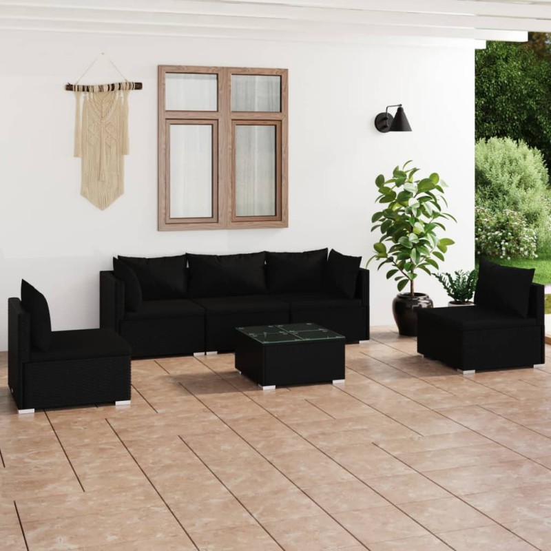 vidaXL Set de muebles de jardín 6 pzas y cojines ratán sintético negro vidaXL Set de muebles de jardín 6 pzas y cojines ratán sintético negro
