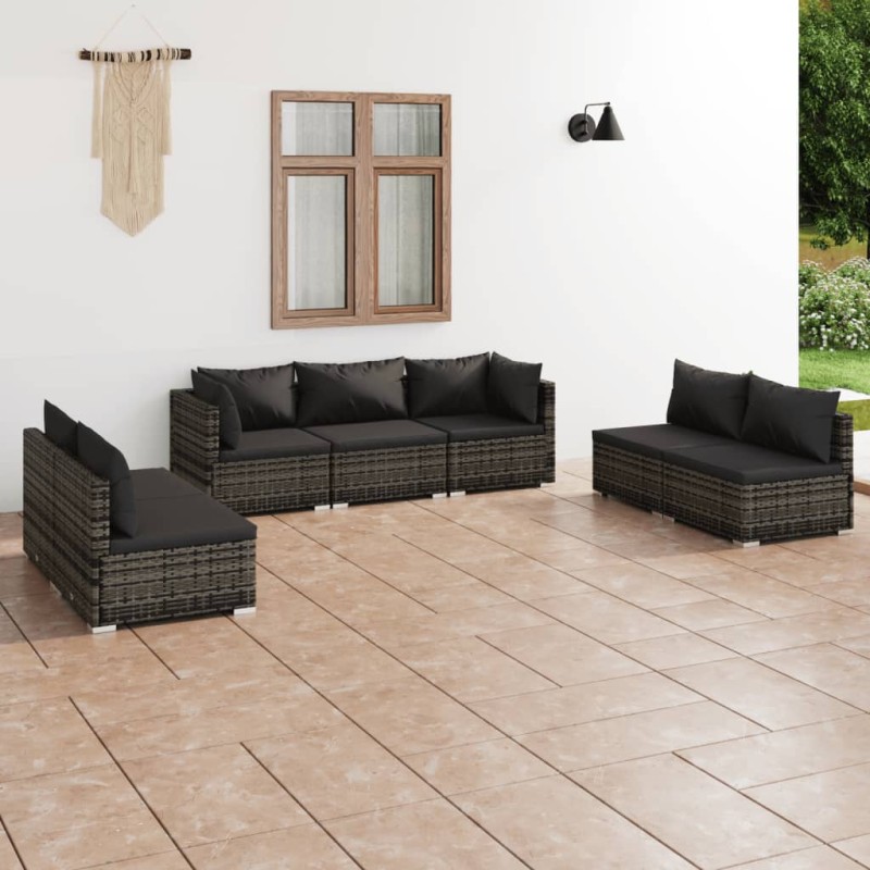 vidaXL Set de muebles de jardín 7 pzas y cojines ratán sintético gris vidaXL Set de muebles de jardín 7 pzas y cojines ratán sintético gris