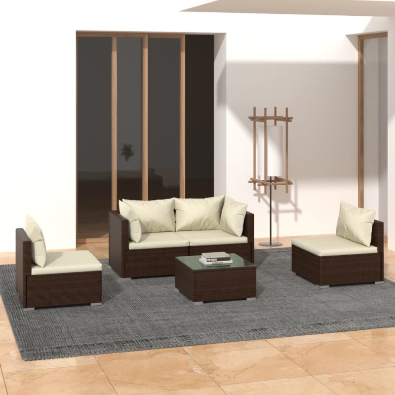 vidaXL Set muebles de jardín 5 piezas y cojines ratán sintético marrón vidaXL Set muebles de jardín 5 piezas y cojines ratán sintético marrón