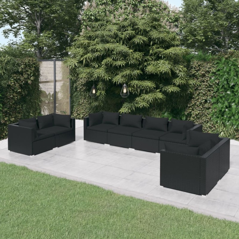 vidaXL Set de muebles de jardín 8 pzas y cojines ratán sintético negro vidaXL Set de muebles de jardín 8 pzas y cojines ratán sintético negro