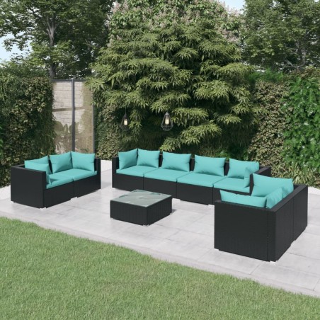 vidaXL Set de muebles de jardín 9 pzas y cojines ratán sintético negro