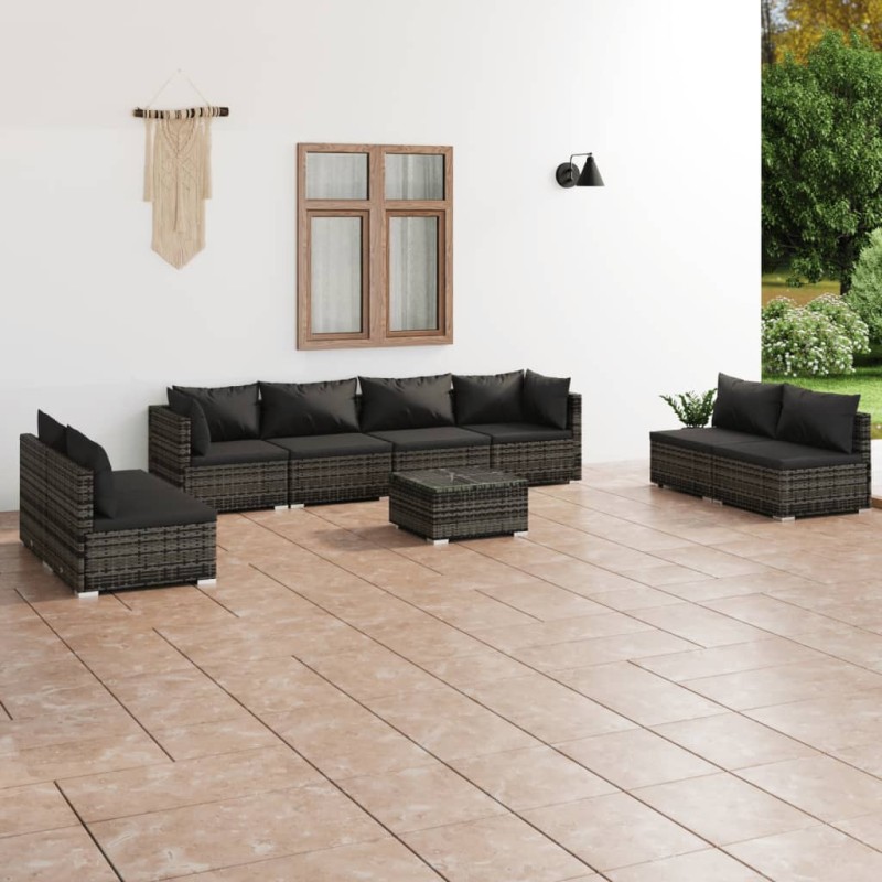 vidaXL Set de muebles de jardín 9 pzas y cojines ratán sintético gris vidaXL Set de muebles de jardín 9 pzas y cojines ratán sintético gris