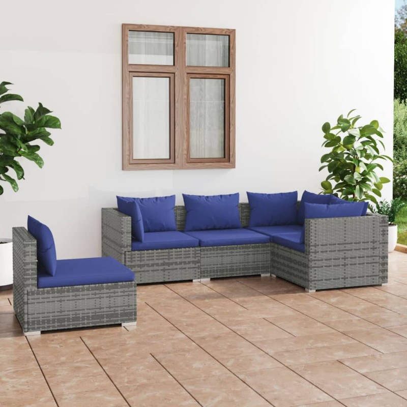 vidaXL Set de sofás de jardín 5 piezas y cojines ratán sintético gris vidaXL Set de sofás de jardín 5 piezas y cojines ratán sintético gris