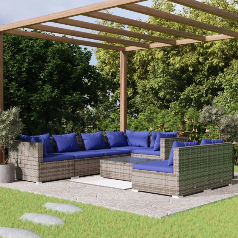 vidaXL Set de muebles de jardín 8 pzas y cojines ratán sintético gris vidaXL Set de muebles de jardín 8 pzas y cojines ratán sintético gris