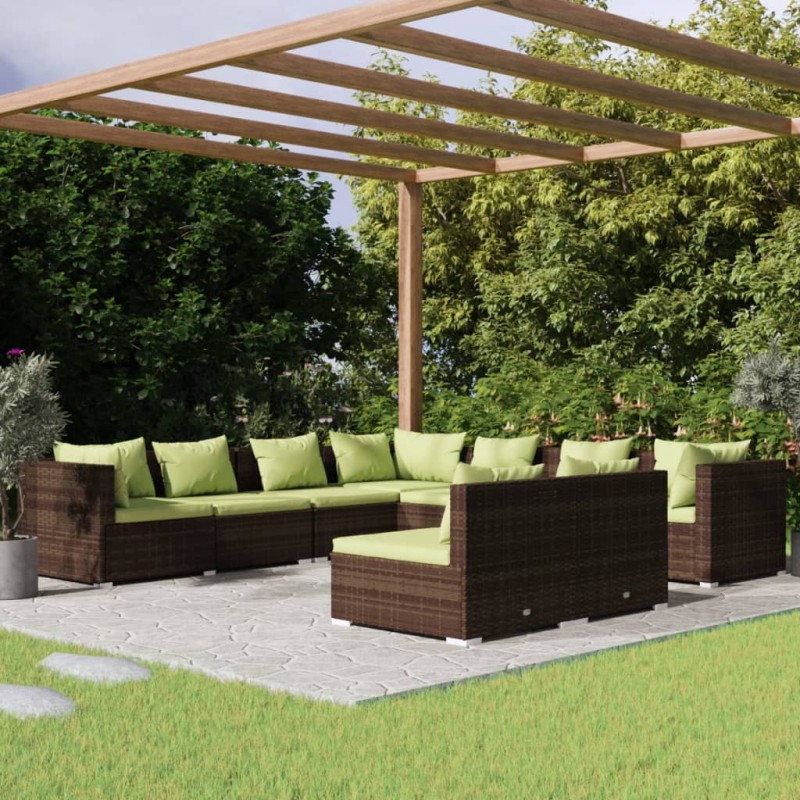 vidaXL Set muebles de jardín 9 piezas y cojines ratán sintético marrón vidaXL Set muebles de jardín 9 piezas y cojines ratán sintético marrón