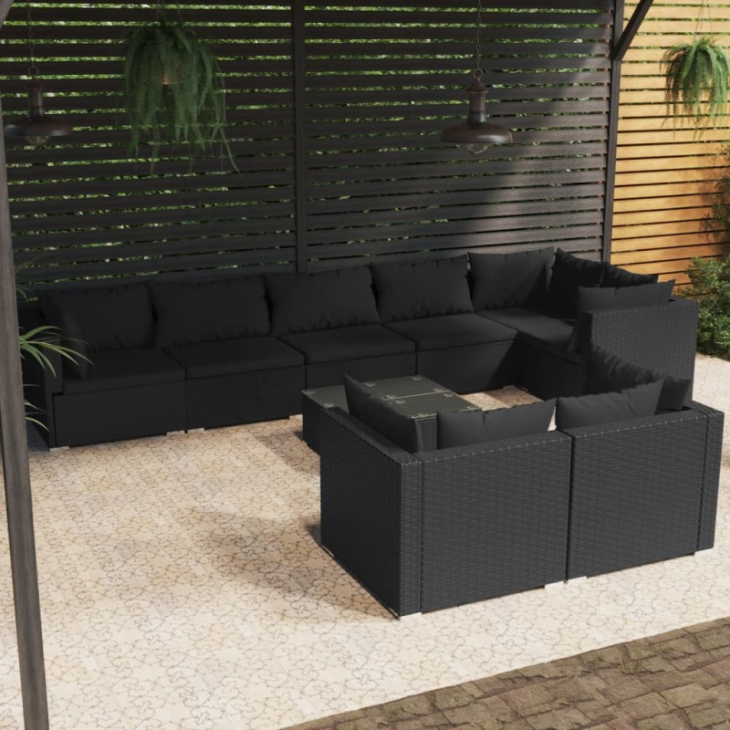 vidaXL Set de muebles de jardín 9 pzas y cojines ratán sintético negro