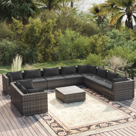 vidaXL Set de muebles de jardín 11 pzas y cojines ratán sintético gris