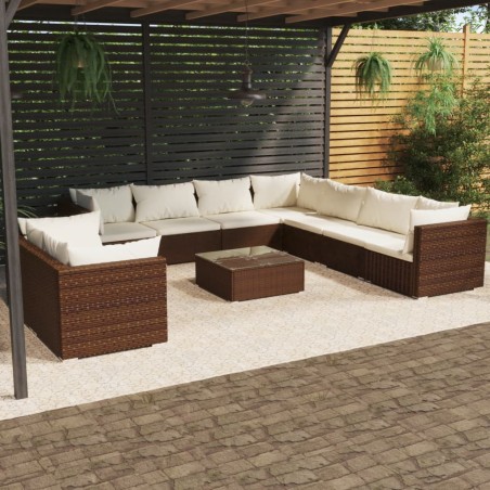 vidaXL Set muebles de jardín 10 pzas y cojines ratán sintético marrón
