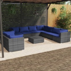 vidaXL Set de muebles de jardín 10 pzas y cojines ratán sintético gris