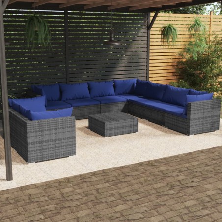 vidaXL Set de muebles de jardín 10 pzas y cojines ratán sintético gris