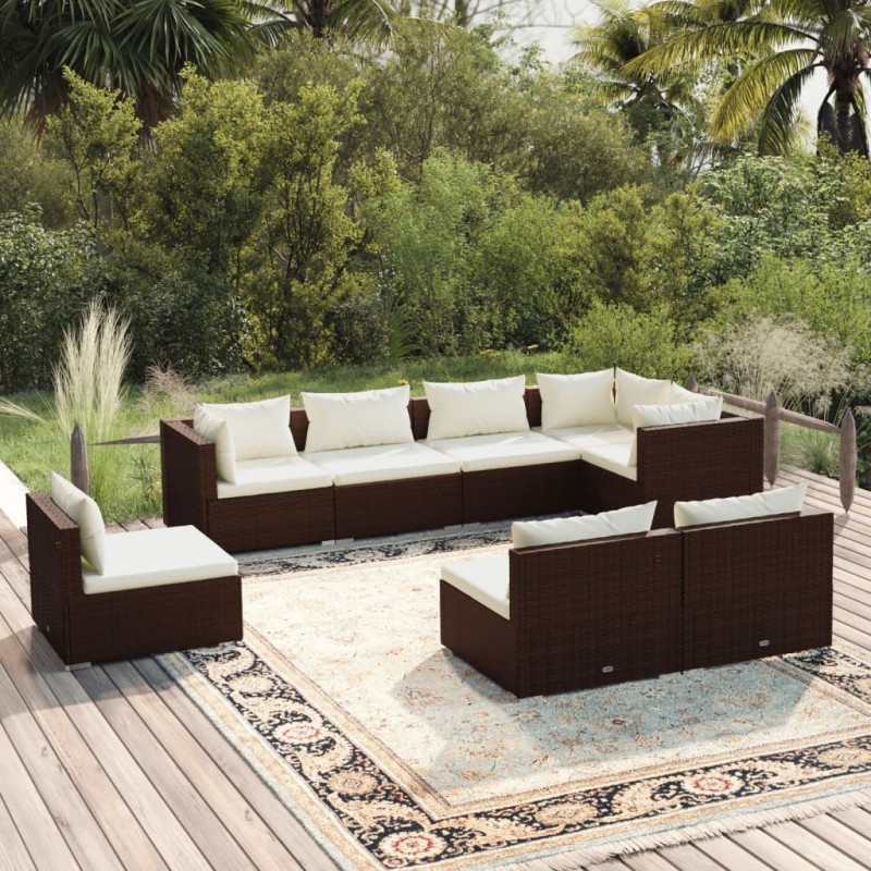 vidaXL Set sofás de jardín 8 piezas y cojines ratán sintético marrón vidaXL Set sofás de jardín 8 piezas y cojines ratán sintético marrón