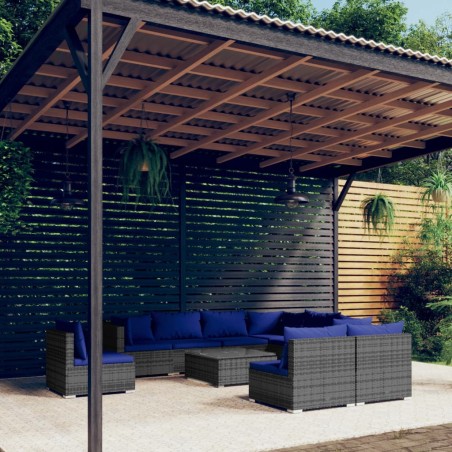vidaXL Set de muebles de jardín 10 pzas y cojines ratán sintético gris