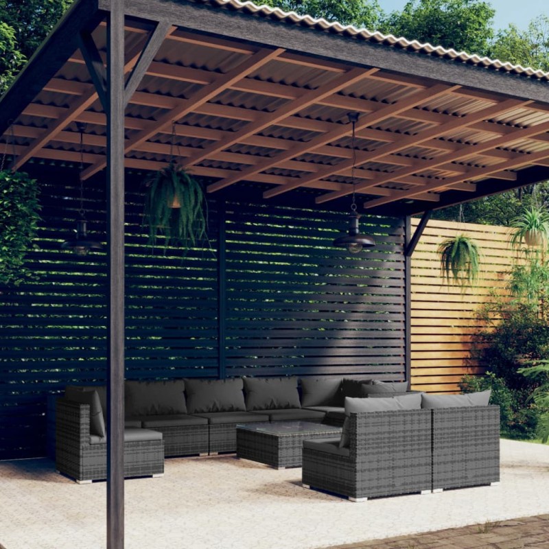 vidaXL Set de muebles de jardín 10 pzas y cojines ratán sintético gris vidaXL Set de muebles de jardín 10 pzas y cojines ratán sintético gris