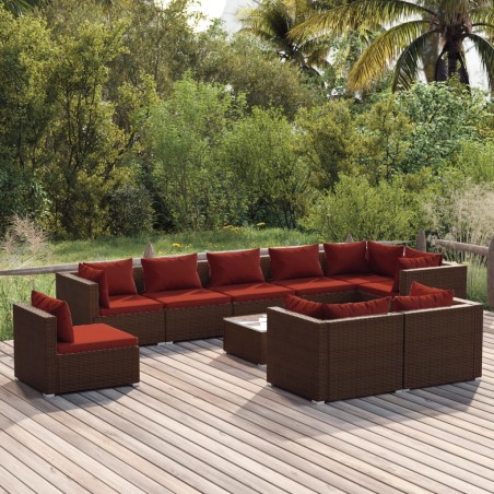 vidaXL Set muebles de jardín 10 pzas y cojines ratán sintético marrón