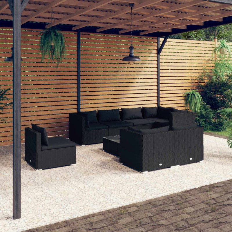 vidaXL Set de muebles de jardín 9 pzas y cojines ratán sintético negro vidaXL Set de muebles de jardín 9 pzas y cojines ratán sintético negro