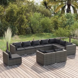 vidaXL Set de muebles de jardín 10 pzas y cojines ratán sintético gris
