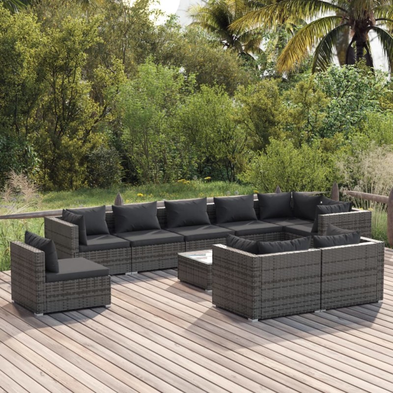 vidaXL Set de muebles de jardín 10 pzas y cojines ratán sintético gris vidaXL Set de muebles de jardín 10 pzas y cojines ratán sintético gris